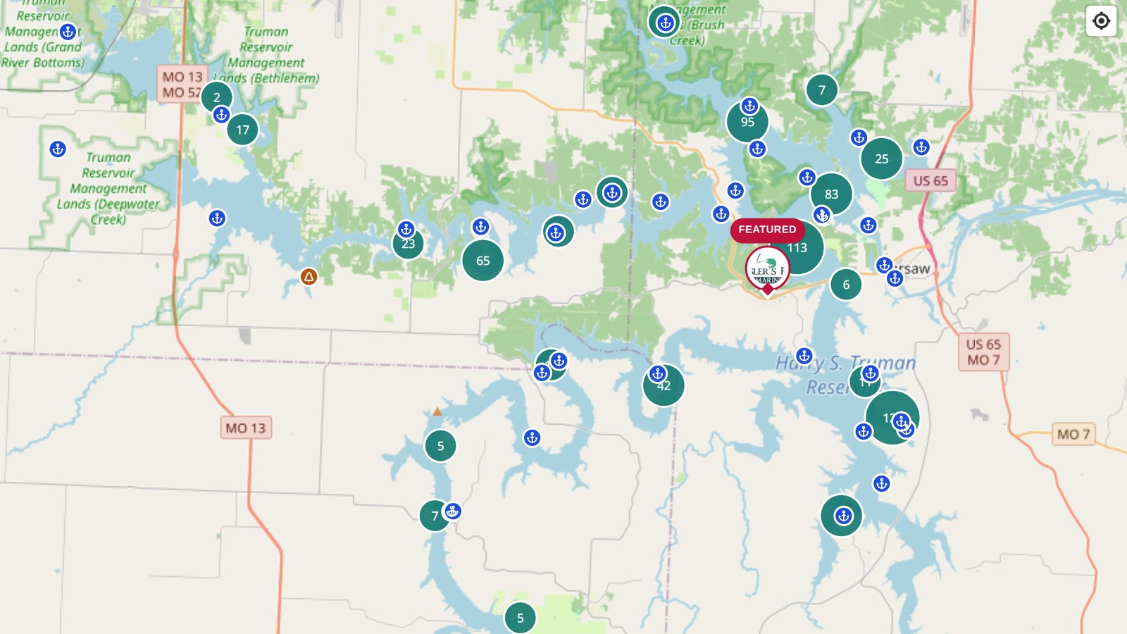 Interactive Truman Lake map showing boat ramps, fish attractors, standing timber, and other locations